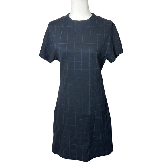 Theory Dolman Mock Neck Dress Windowpane Knit Short Sleeve Navy‎ Size Small - Picture 2 of 8